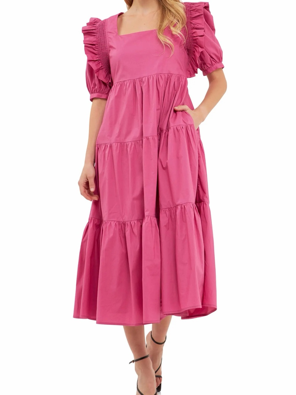 English Factory Tiered Magenta Square Neck Ruffled Midi Dress.